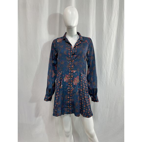 Free People 'Sylvie' Blue Long Sleeve Button Down Mini Dress Size S - Picture 2 of 5